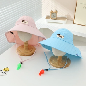 Kids Sun Hat Wide Brim Neck Flap Polyester Breathable Adjustable Whistle Cartoon Bear Summer Outdoor Boys Girls