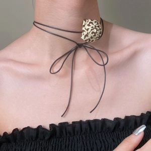 Leopard print fabric rose choker necklace with dark brown thin string bow for women