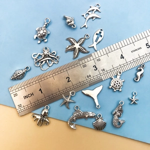 Set de dijes de océano en plata antigua con tortuga y sirena para bisutería artesanal DIY