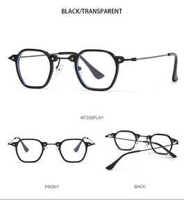 Detailed multi-angle views of retro small frame metal glasses in black and transparent