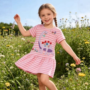 Robe À Manches Courtes Pour Filles Coton Rayé Rose Blanc Broderie Dinosaure Été Style Princesse Enfant