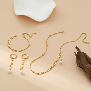 Bijoux En Acier Inoxydable Or Épi De Blé Feuille Collier Bracelet Et Boucles D'oreilles Avec Künstliche Perle D'imitation