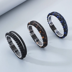 Men Multilayer Bracelet Braided Leather Tiger Eye Agate Natural Stone Stainless Steel Magnetic Clasp Punk Trendy Vintage Jewelry