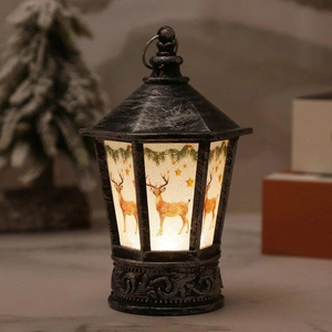 Christmas hexagonal lantern with LED warm light and reindeer pattern in antique finish