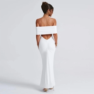 Rear view of white off-shoulder bodycon dress with open back and ruching details