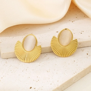 Detailed view of vintage golden fan-shaped earrings with oval cat-eye stone inlay