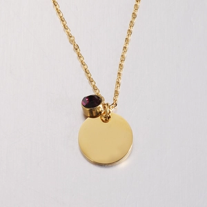 Minimalist gold stainless steel round disc necklace with a red birthstone pendant charm