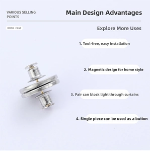 Close-up of magnetic silver curtain buttons with tool-free needle fixings for light blocking