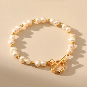 Freshwater Pearl Bracelet Irregular Baroque Handmade 18K Gold Plated Copper Beads Toggle Clasp Vintage Elegant Women