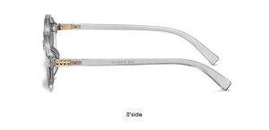 Detailed side view of translucent grey oval eyewear frame with golden metal hinge accents
