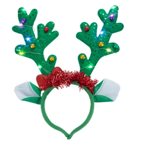 Detail of green sequin reindeer headband with colorful bells and glowing LED string lights