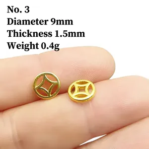 Macro shot of a 9mm gold coin spacer bead showing diameter and thickness measurements