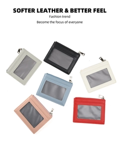 Detailed flat lay of ultra-thin zip card holders in six colors with clear ID windows