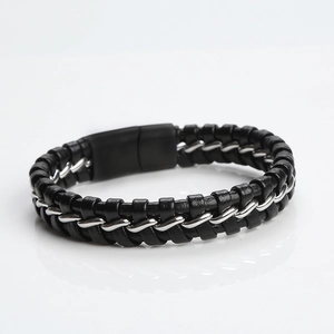 Vintage braided leather bracelet with silver metal chain and magnetic clasp for men and women