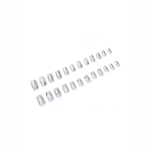 Short square press-on nails with elegant white base and silver butterfly metallic accents