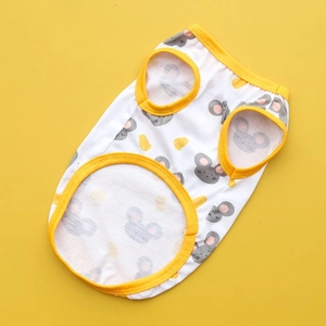 Flat lay of a thin cotton pet vest with grey mouse and yellow cheese prints for dogs
