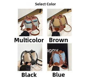 Detailed grid view of girls' drawstring bucket bags in colorful, brown, black, and denim