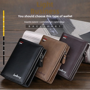 Three men's zip wallets in black, light brown, and coffee leather on a wooden desk