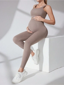 Maternity Yoga Seamless Ribbed Vest And Leggings High Waist Belly Support Quick Dry Workout Suit For Pregnant Women