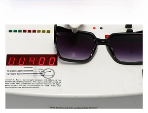 Detail showing UV400 protection test for black rectangular sunglasses with gradient lenses