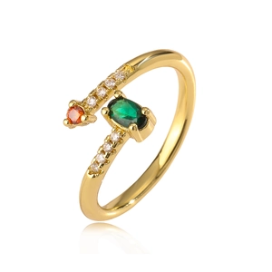 Minimalist 18K gold plated open ring with green oval gem and orange round stone accents
