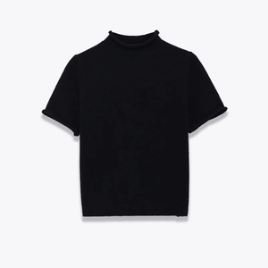 Classic black mock neck short sleeve sweater with rolled edges on a white background