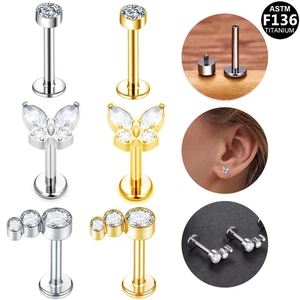 ASTM F136 G23 Titanium Labret Stud Internally Threaded Flat Back Piercing Jewelry Butterfly Zirconia Cartilage Lip Ring