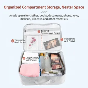 Grey multi-functional travel organizer bag with layered mesh pockets and large capacity