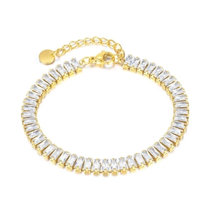 Detail of gold tennis bracelet featuring rectangular zircons and adjustable lobster clasp
