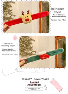 Plush Christmas slap bracelets with red reindeer and green stocking designs for kids