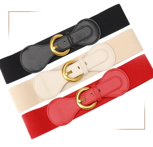 Elastic wide belt collection in black, beige, and red with golden round buckle detail