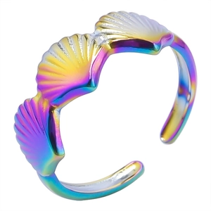 Rainbow plated stainless steel fan shell open ring featuring a colorful metallic ocean theme