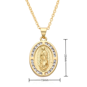 Gold-plated Virgin Mary oval pendant necklace with white crystals and size dimensions
