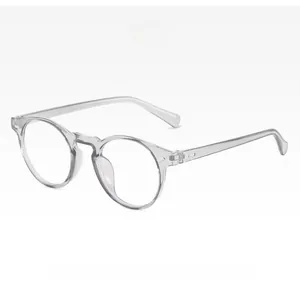Detail view of round candy-colored anti-blue light glasses frame in transparent gray