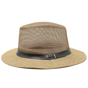 Men's mesh fedora hat with breathable dark brown crown and beige straw brim