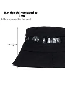 Detail showing 13cm deep crown and breathable mesh of this black wide brim sun hat