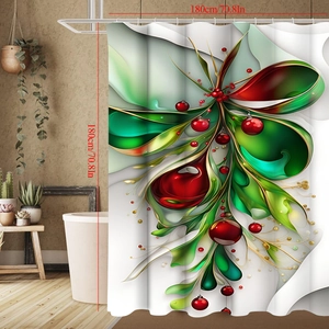 Detail view of 180x180cm waterproof shower curtain with red floral and green leaf pattern