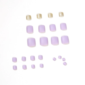 Lavendelviolette matte und goldene Glitzer-Aufklebe-Zehennägel für Sommer-Pediküre