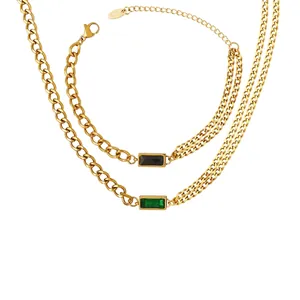 Stainless Steel Necklace And Bracelet Rectangular Zircon Layered Cuban Chain Gold Plated Trendy Jewelry For Women