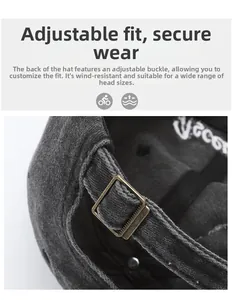 Close-up of adjustable bronze metal buckle and textured fabric on vintage baseball cap