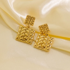 Textured 14K gold plated stainless steel square drop earrings with woven pattern finish