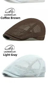 Primer plano de gorras planas de malla transpirable en café y gris claro para verano