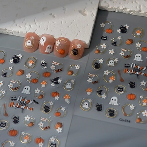 Halloween Nail Art Stickers 5D Embossed Gold Stamping Pumpkin Ghost Black Cat Pattern DIY Manicure Decoration For Women