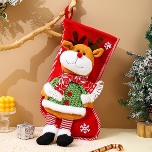 Detail of red Christmas stocking featuring a 3D plush reindeer with cozy holiday decor