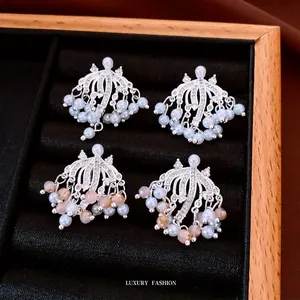 Zircon Faux Artificial Pearl Tassel Clip On Earrings Silver Tone Copper Fireworks Fan Shape French Style Elegant For Women