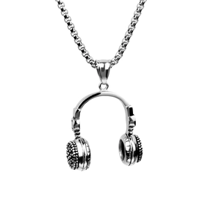 Close-up of a silver-colored headphone pendant necklace in polished titanium steel