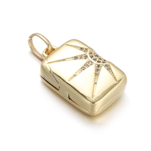 18K gold rectangular sun pendant with heart pearl detail on white background