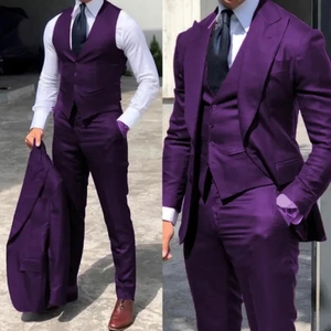 Three-piece purple slim fit men's formal suit with vest and trousers in outdoor lighting
