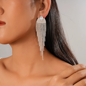 Close-up of elegant long tassel earrings with silver finish and sparkling zircons