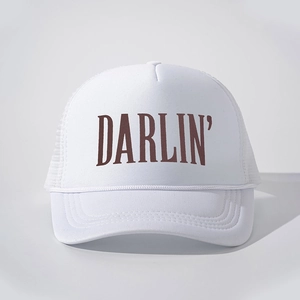 Classic white trucker hat with brown DARLIN' print and breathable mesh back